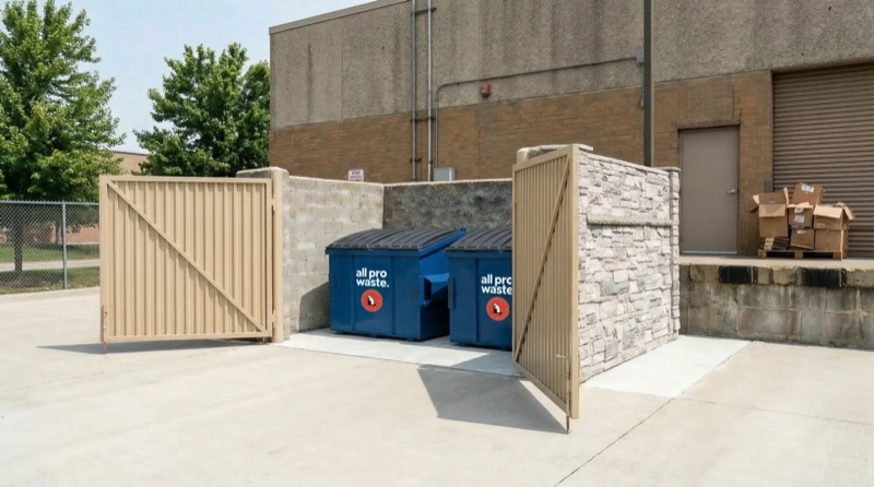 All Pro Waste commercial dumpsters in a corral enclosure in Robeson County, NC